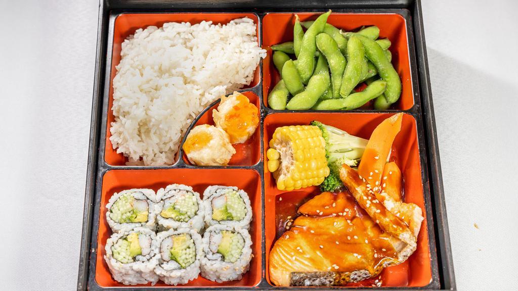 Salmon Teriyaki Lunch Box · served w. california roll, shumai, edamame, rice, miso soup &salad