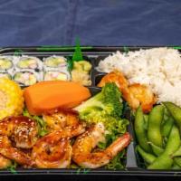 Shrimp Teriyaki Lunch Box · served w. california roll, shumai, edamame, rice, miso soup &salad