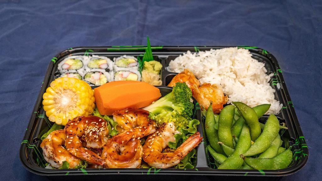 Shrimp Teriyaki Lunch Box · served w. california roll, shumai, edamame, rice, miso soup &salad