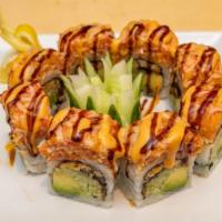 Fancy Dragon Roll · Eel, avocado, cucumber inside, with spicy crunchy kani, red tobiko, in spicy mayo and eel sa...
