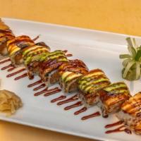 Green Roll · Shrimp tempura and spicy crunchy tuna inside with avocado over eel on the top