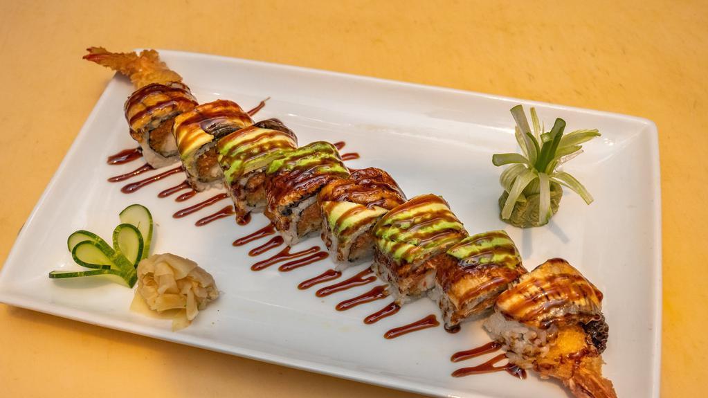Green Roll · Shrimp tempura and spicy crunchy tuna inside with avocado over eel on the top