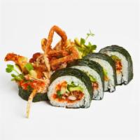 Spider Roll · Soft shell crab and cucumber with sushi rice wrapped in nori.