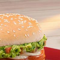 Guacamole Burger · Beef patty, lettuce, tomato, onion, guacamole, and Swiss.