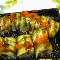 Dragon Roll · Eel cucumber topped with avocado tobiko and eel sauce.