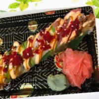 First Love Roll · Shrimp tempura, spicy tuna topped with eel, tuna, salmon, avocado with spicy sauce.