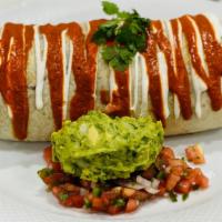 Burrito · with rice and beans, cheese, lettuce, pico de gallo, guacamole, sour cream and ranchero sauc...