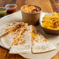 Quesadilla · Soft flour tortilla filled with your choice of meat and cheese, served with a side of rice a...