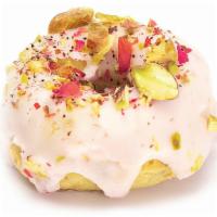 Pistachio Rose · Toasted pistachio donut with delicately flavored rose water glaze, topped with crushed rose ...