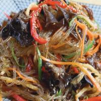 Jap Chae Noodles With Short Ribs · Korean Vermicelli Glass noodles, onions, peppers, carrots, beef short ribs