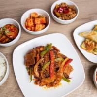 Spicy Pork Belly Box Set · Spicy pork belly with four of chefs seasonal ban Chan (traditional Korean side dishes). And ...