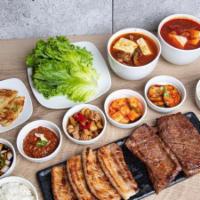 Dinner For Four · Includes 
- 1 corn cheese plate
- 4 assorted banchan (in 12oz container)
- Ssamjang (spicy K...
