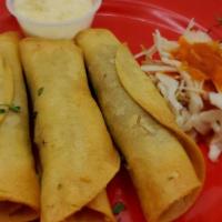 3 Beef Taquitos · 3 softened corn tortillas stuffed with seasoned shredded chicken and melty cheese  fried wit...