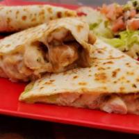 Quesadilla Chorizo · Mexican sausage, grilled quickly and served with flower tortillas. sour cream ,parmesan chee...