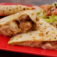 Quesadilla Camaron · shrimp, grilled quickly and served with flower tortillas. sour cream ,parmesan cheese,beans,...
