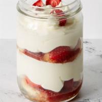 Strawberry Lemon Jar · Lemon cake, strawberry chantilly, strawberry preserve, and strawberry crumbles