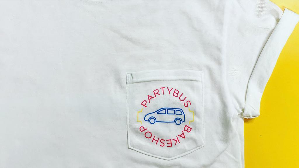 Pocket T-Shirt · white cotton t-shirt with a Partybus logo pocket