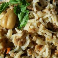 Keema Biryani · Gluten-free. Ground meat (chicken) cooked in herbs and spices with fragrant basmati rice.