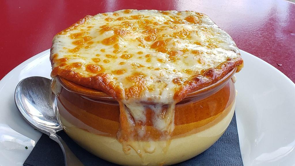 French Onion Soup · Gruyere and provolone.