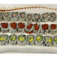 3 Roll Combination · Spicy tuna roll, California roll and yellowtail scallion roll.