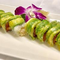 Rasheeda Roll · Shrimp tempura, spicy tuna, tobiko top with avocado.