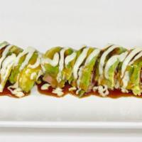 David Roll · Tuna tataki, kani, top with avocado, wasabi mayo, eel sauce, soy paper, no rice.
