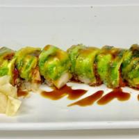 Wendi Roll · White tuna, eel, tobiko, spicy mayo rolled with avocado on top.
