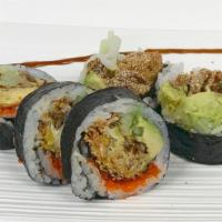 Spider Roll · Fried soft shell crab, cucumber avocado and tobiko.