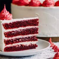 Red Velvet Cake · Three moist layers of stunning Red Velvet filled and topped silky cream cheese icing.