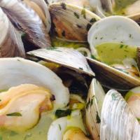 Clams In Garlic Sauce · Little necks cooked with white wine sauce.