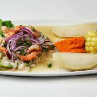 Ceviche De Camarones · Shrimp ceviche. Shrimp (16) marinated in lime juice mixed with red onions, cilantro and roco...