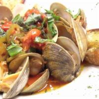 Clams Arrabbiata (Mgf) · Dozen fresh clams in a spicy filetto di pomodoro sauce with pancetta, pepperoncino peppers a...