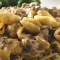 Butcher’S Mac · With grass fed NY strip, smoked bacon lardons, parsley, and scallions. Shell pasta mixed wit...