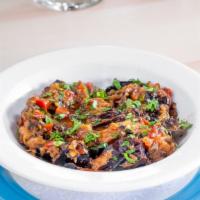 Eggplant Spread · New. Twice-Cooked Eggplant with Red Bell Pepper,
Onions, Parsley & Lemon