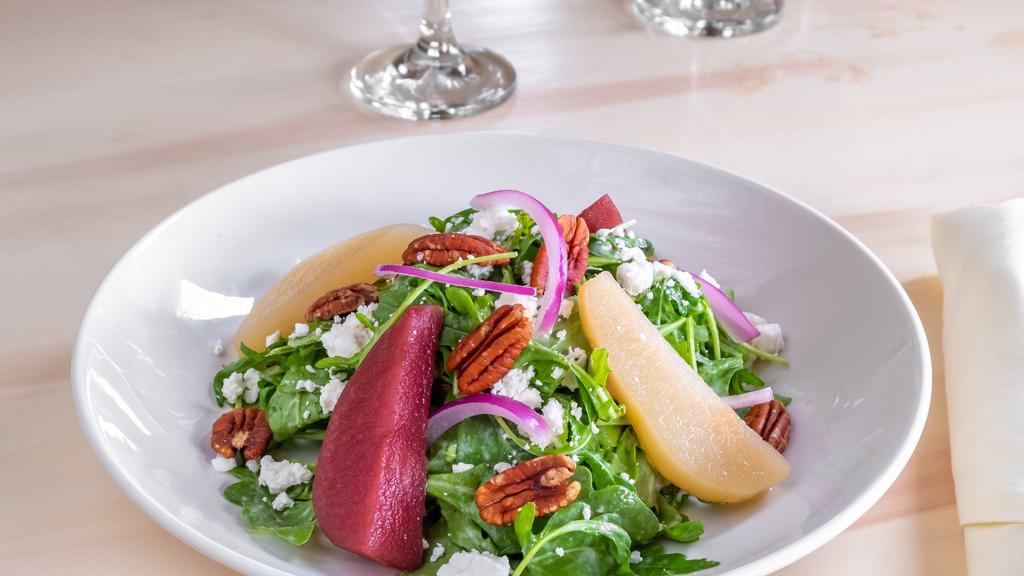 Red & White Pear Salad · Red and White Wine Poached Pears,
Baby Arugula, Pecans, Red Onions,
Goat Cheese & Pear Vinaigrette