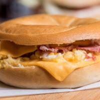 Egg Bacon & Cheese Bagel · Fresh eggs, crispy bacon, and creamy cheese on a freshly baked bagel.