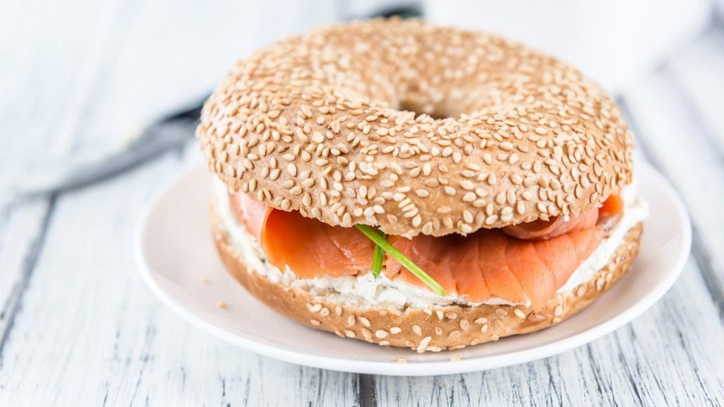 Smoked Salmon & Cream Cheese Bagel · Smoked salmon and cream cheese on a freshly baked bagel.