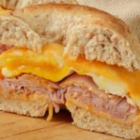 Egg Ham & Cheese Bagel · Fresh eggs, ham, and creamy cheese on a freshly baked bagel.