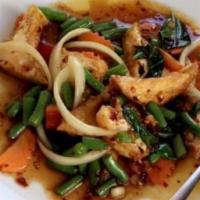 Spicy Basil · Spicy. The traditional dish of spicy seasoning mixed with garlic, mushroom, bell pepper, gre...