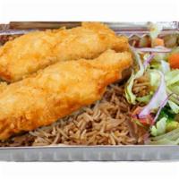 2 Pieces Fish Over Rice Platter · Deep-fried breaded smell-free 2 pieces white fish served over brown basmati with choice of s...