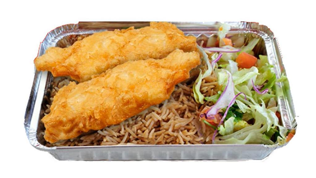 2 Pieces Fish Over Rice Platter · Deep-fried breaded smell-free 2 pieces white fish served over brown basmati with choice of salad and any of the Shah's sauces.