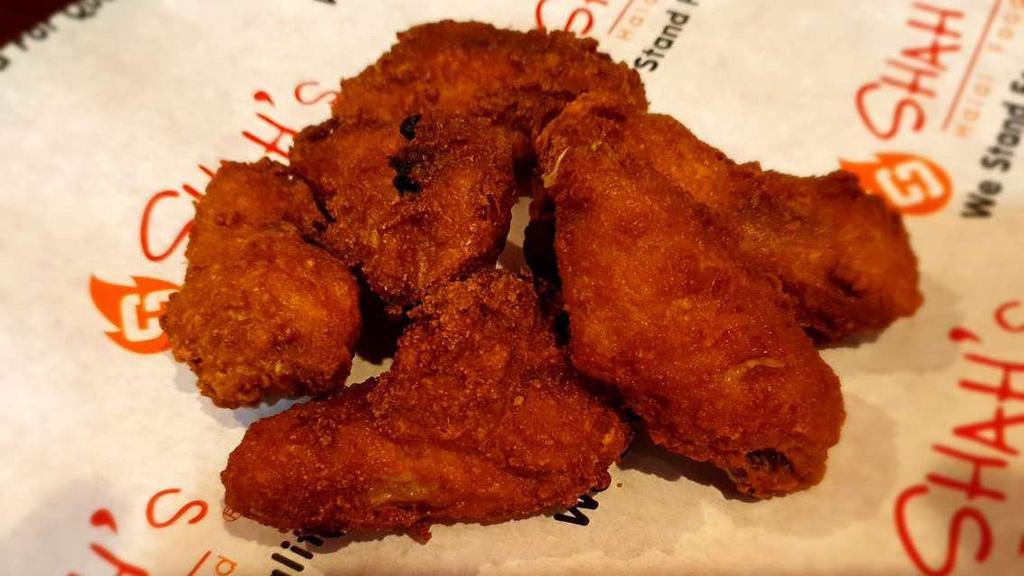 Hot Wings (6) · Breaded chicken wings (halal) are deep-fried.