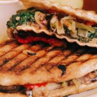 The Chelsea Panini · Roasted eggplant, roasted peppers and onions, spinach and sundried tomato w. Chips and Pickle
