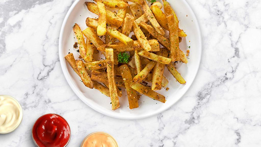 Garlic Fries · (Vegetarian) Idaho potato fries cooked until golden brown and garnished with salt and garlic.
