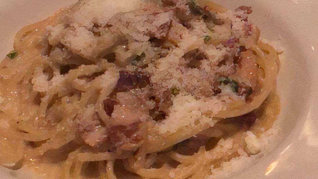 Spaghetti Alla Carbonara · Pasta bathed in a delicious combination of pancetta, prosciutto, onions and parmigiano reggiano cheese.
