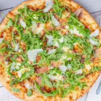 Fig Di Sicilia Pizza · Fig marmalade, prosciutto, arugula, fresh mozzarella, shaved Parmigiano Reggiano, olive oil.