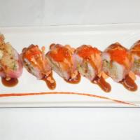 Spicy Lady Roll · Spicy crunchy tuna,salmon, white fish, avocado and roe with spicy mayonnaise.