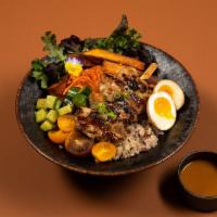 Koji Chicken Bowl · Char-grilled Koji marinated chicken thigh served w/ white rice, diced cucumber, spicy long b...