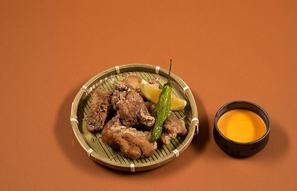 Kara-Age · Japanese traditional fried free-range chicken thigh served with spicy mayo and shishito pepper.
