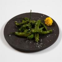 Shishito Su-Age · Lightly deep-fried shishito peppers topped with roasted Japanese sea salt
